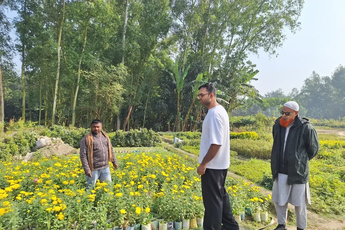 Cultivera team speaking with field collaborators in a flower nursery