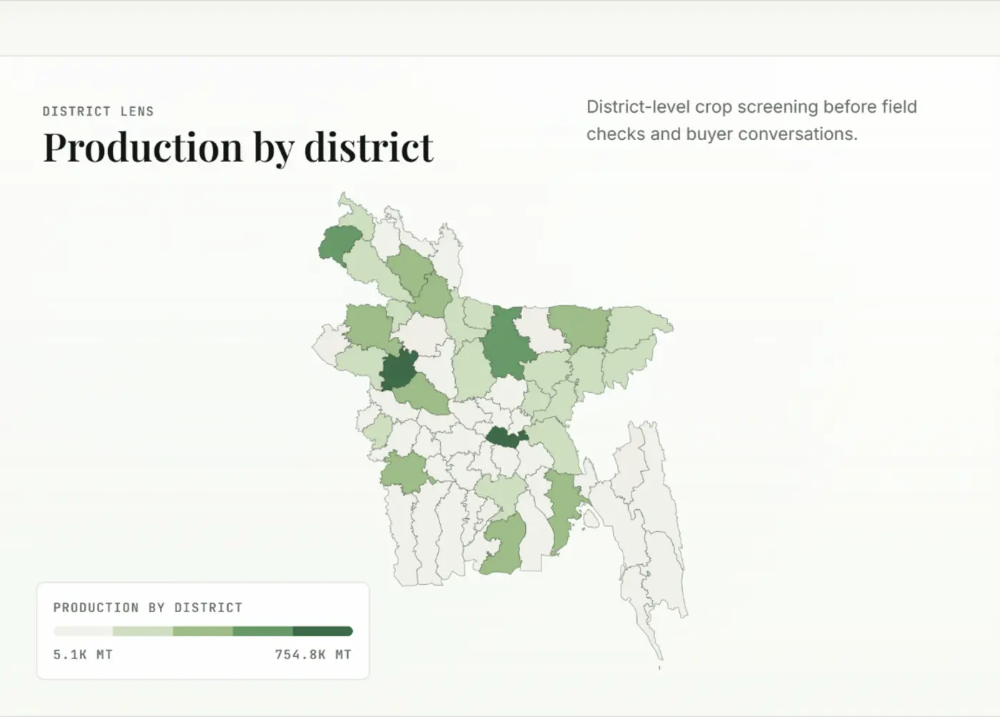 Crop Intelligence map preview showing production by district across Bangladesh