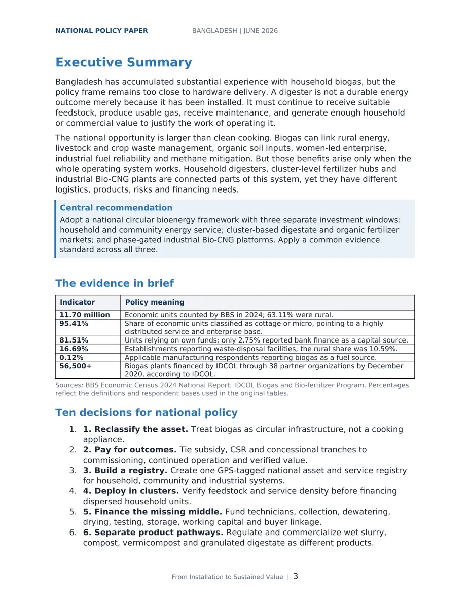 Executive summary page from the policy paper