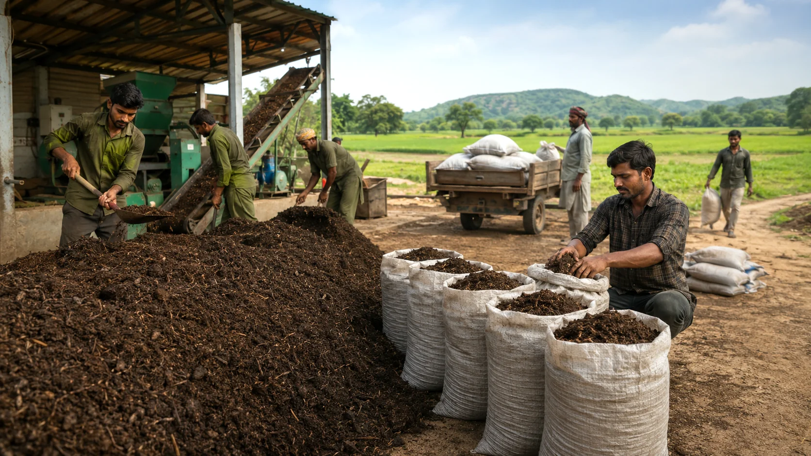 Illustrative digestate processing and bagging scene