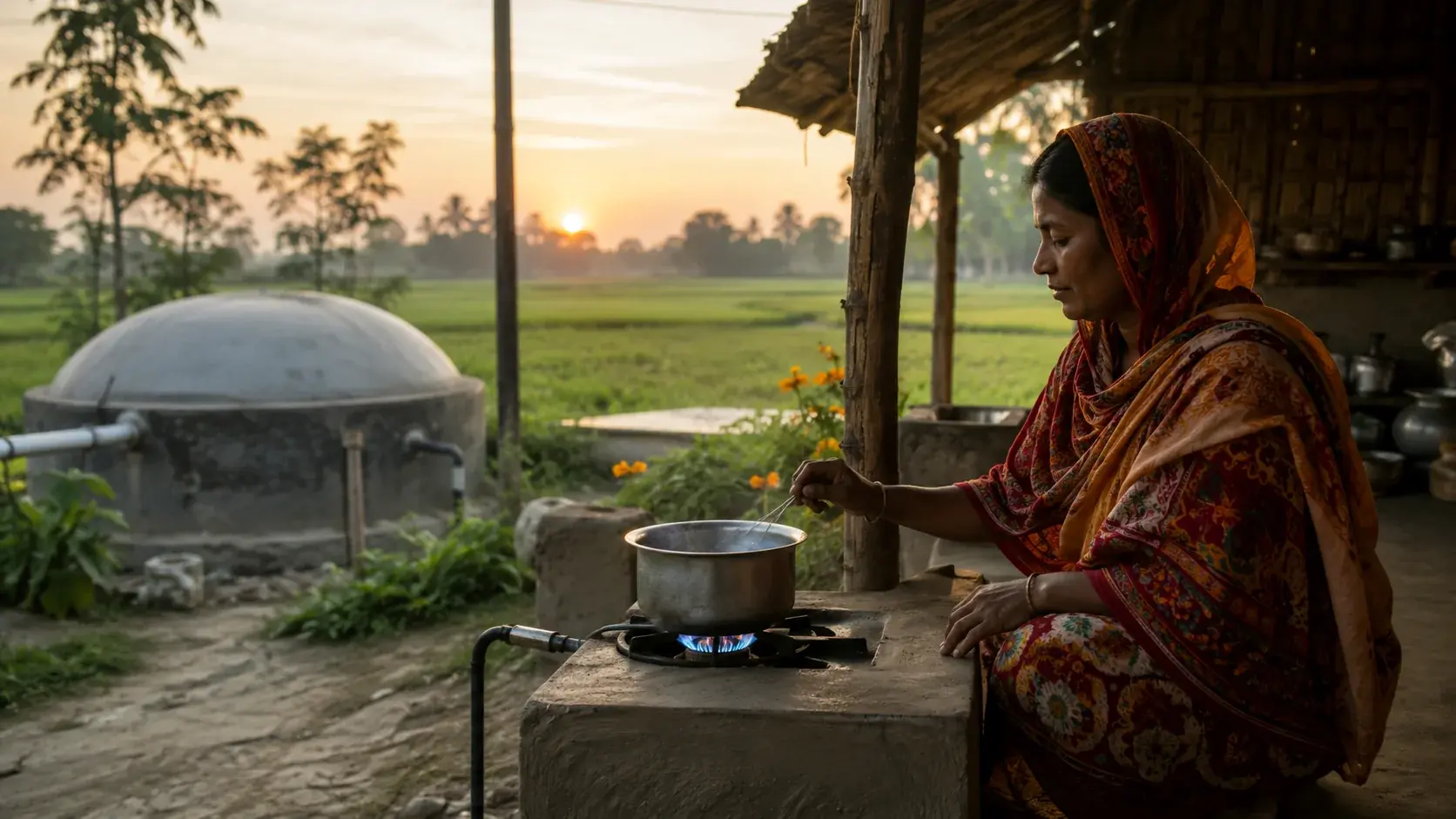 A woman cooking with biogas beside a household biodigester in a rural setting