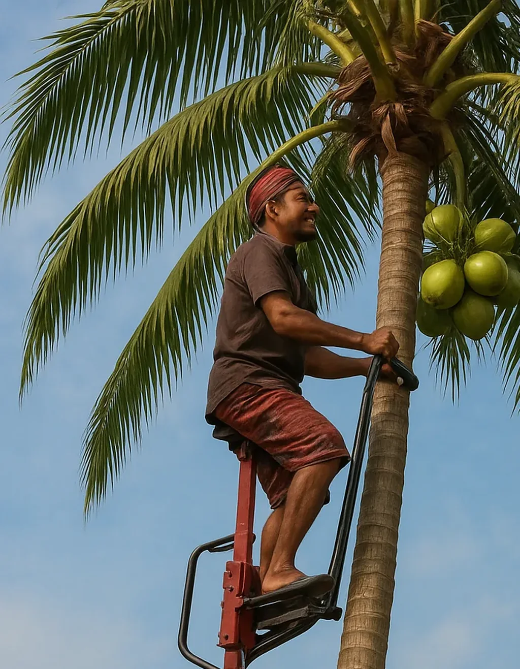 Illustrative coconut climber using mechanised tree-access equipment