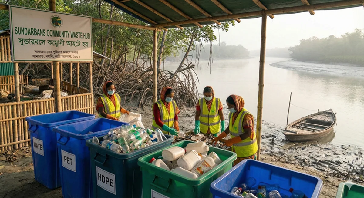 Community waste sorting beside a Sundarbans river
