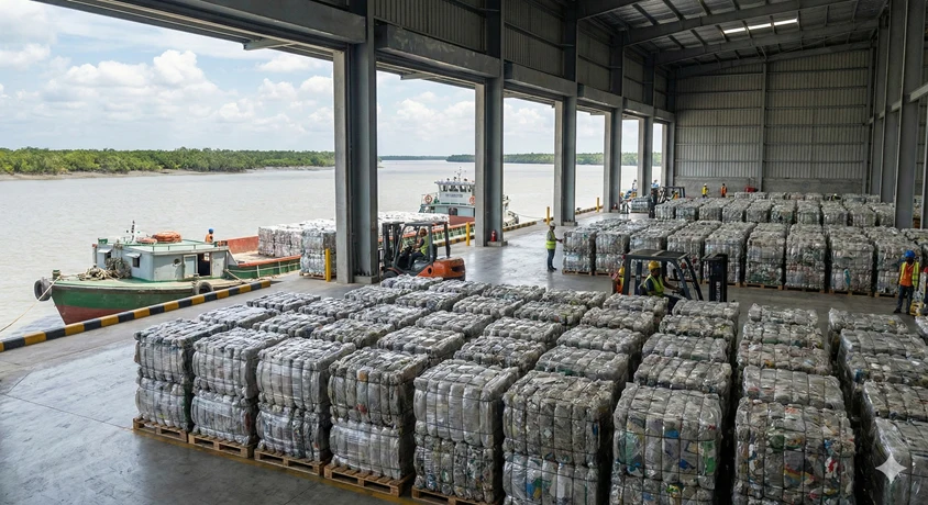 Illustrative riverside warehouse with consolidated plastic bales